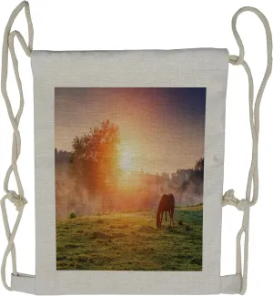 Lunarable Rustic Drawstring Backpack, Horses on Pasture, Sackpack Bag