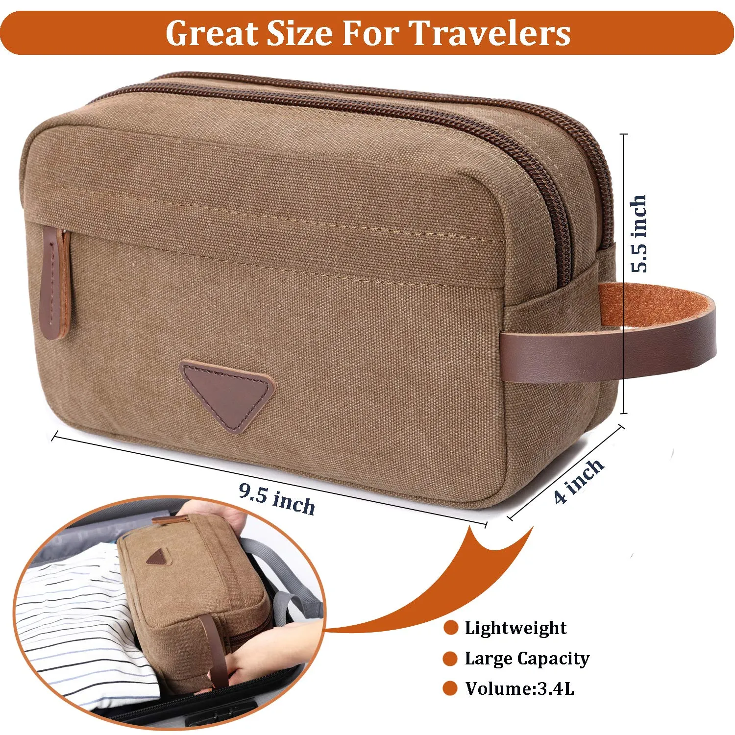 Mactso Mens Travel Toiletry Bag Canvas Leather Cosmetic Makeup Organizer Shaving Dopp Kits with Double Compartments (Coffee)