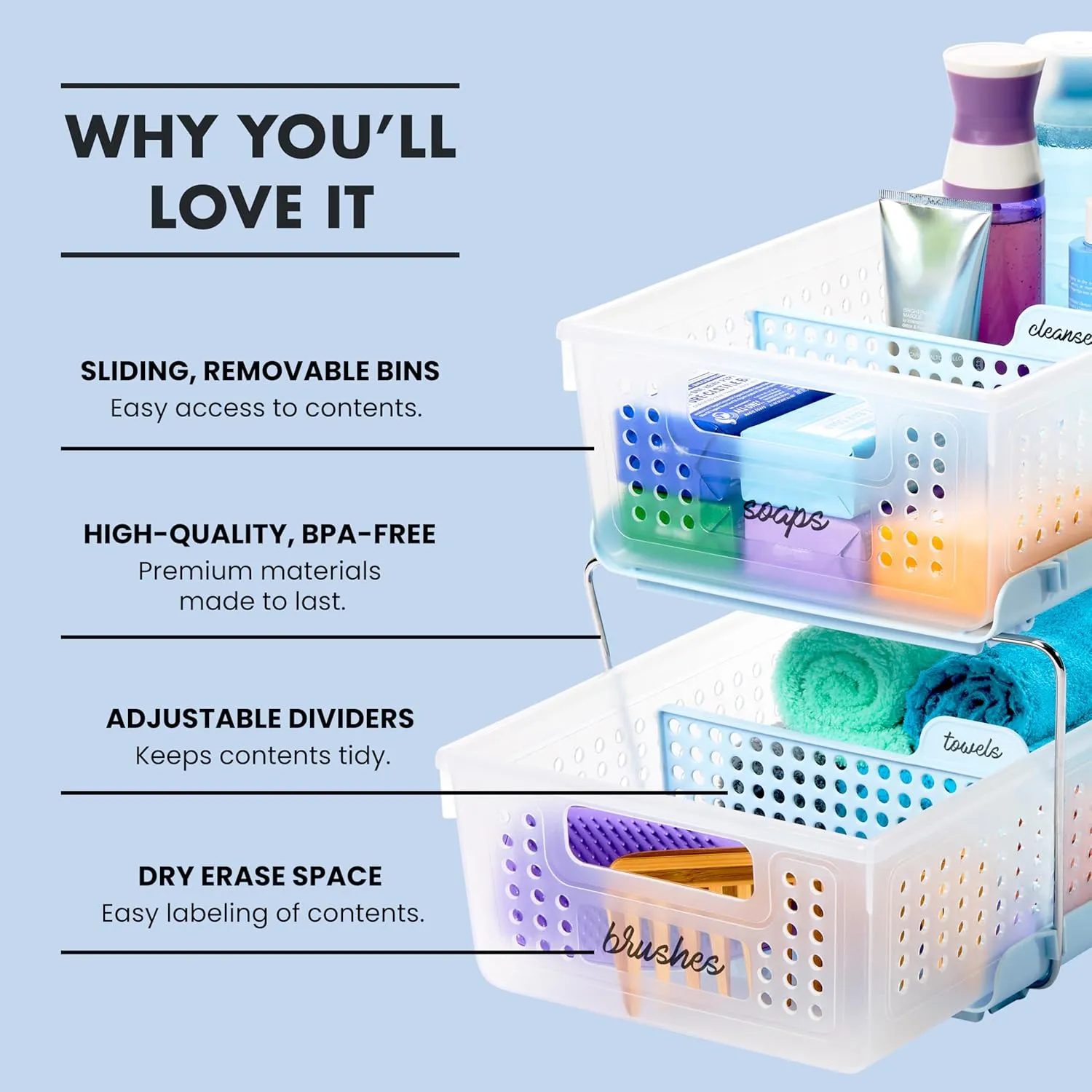 madesmart 2-Tier Plastic Multipurpose Organizer with Divided Slide-Out Storage Bins, Under Sink and Cabinet Organizer Rack, Frost