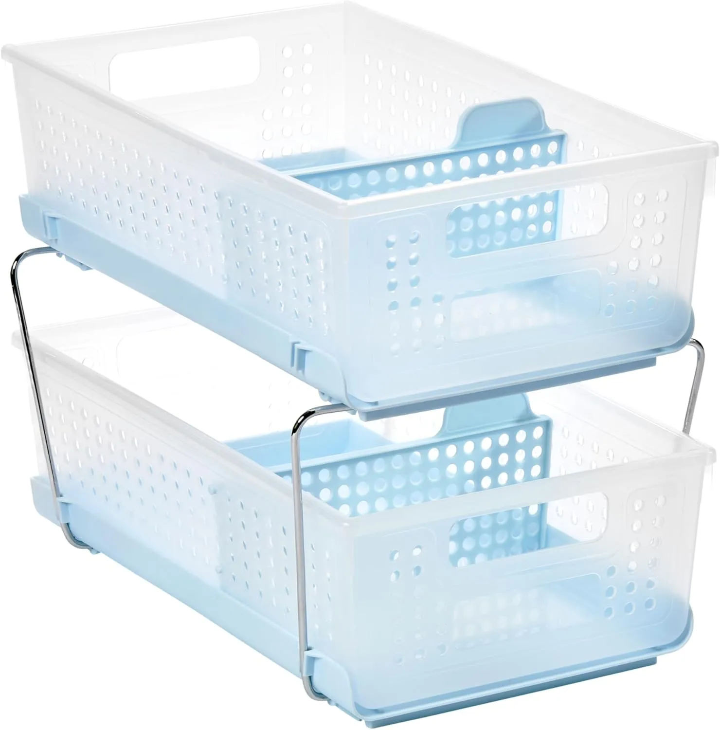 madesmart 2-Tier Plastic Multipurpose Organizer with Divided Slide-Out Storage Bins, Under Sink and Cabinet Organizer Rack, Frost