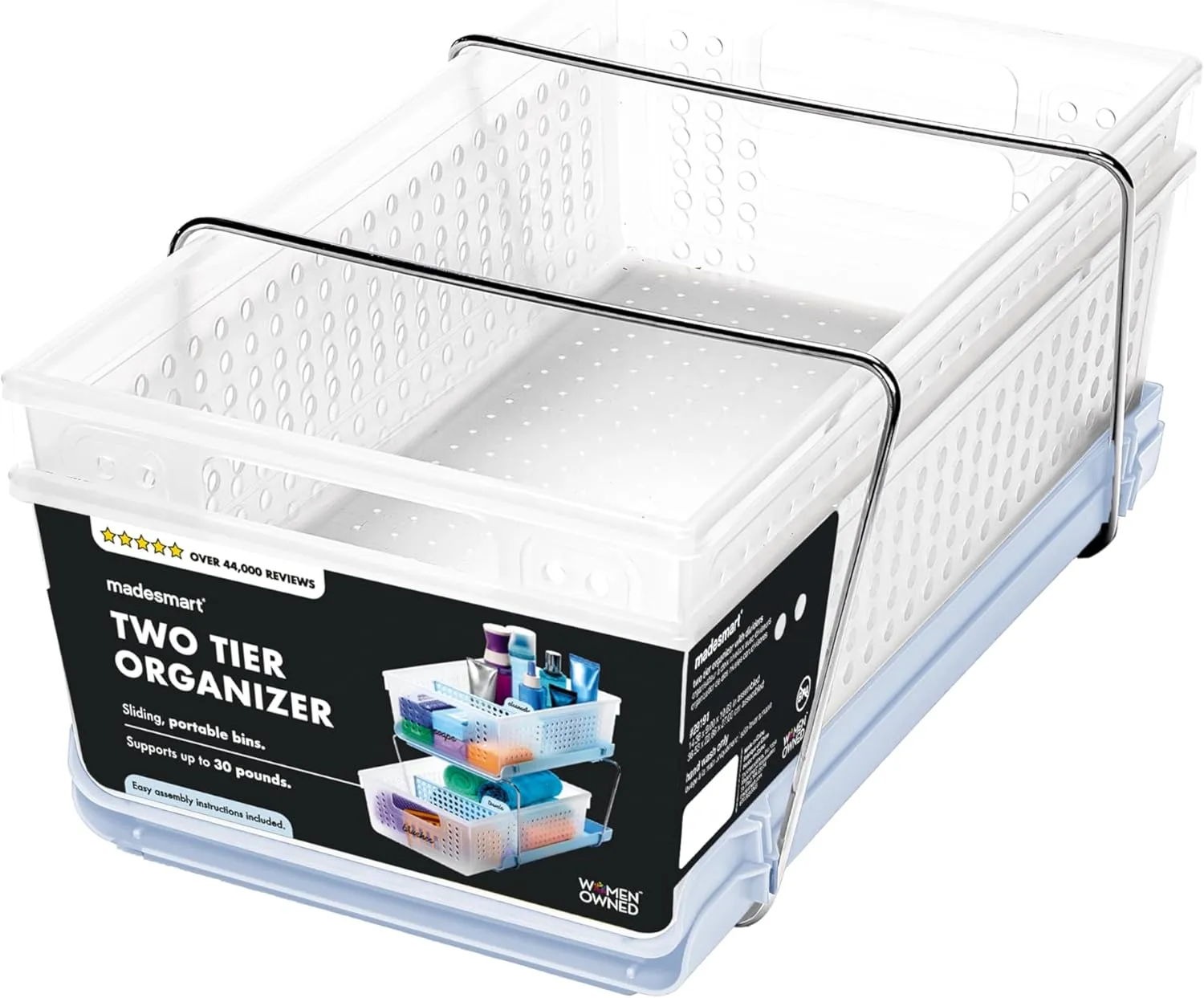 madesmart 2-Tier Plastic Multipurpose Organizer with Divided Slide-Out Storage Bins, Under Sink and Cabinet Organizer Rack, Frost