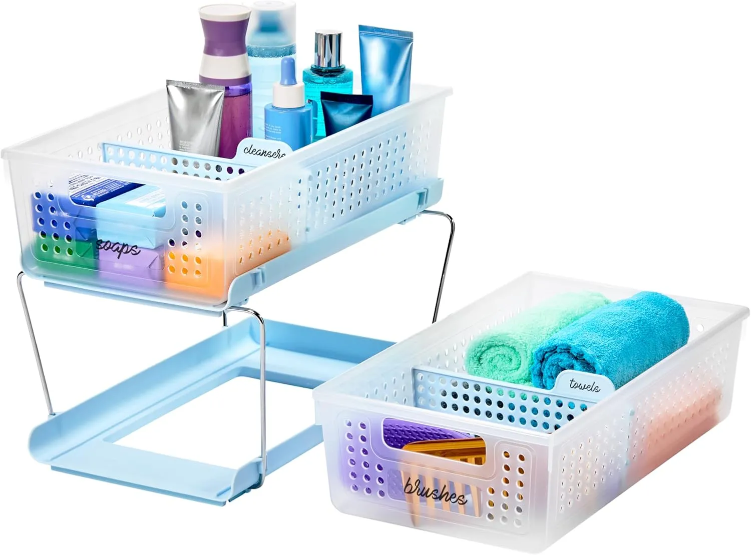 madesmart 2-Tier Plastic Multipurpose Organizer with Divided Slide-Out Storage Bins, Under Sink and Cabinet Organizer Rack, Frost