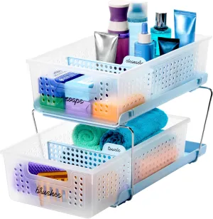 madesmart 2-Tier Plastic Multipurpose Organizer with Divided Slide-Out Storage Bins, Under Sink and Cabinet Organizer Rack, Frost