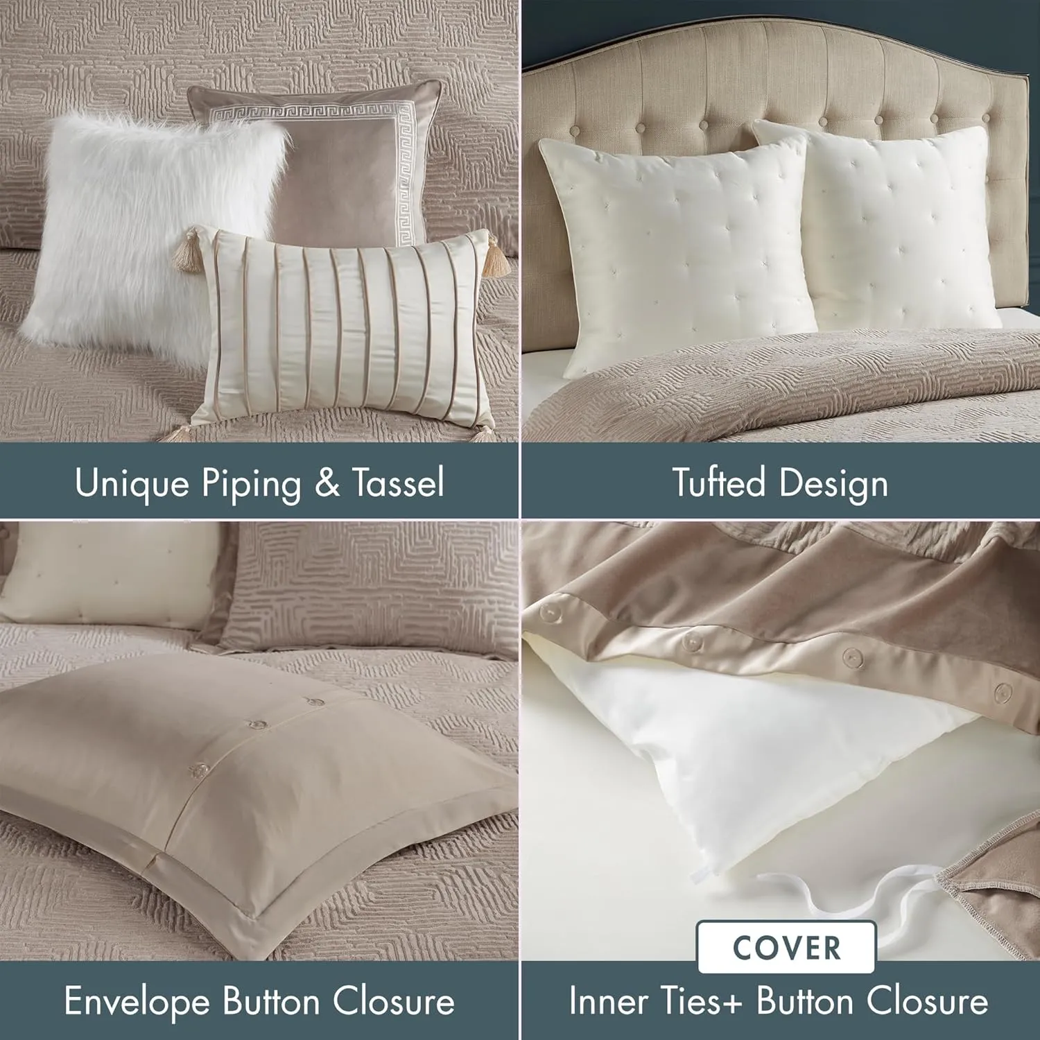 Madison Park King Comforter Plush Velvet Geometric Oversized Comforters King Size Bed, All Season Down Alternative Overfilled King Size Comforter, Pescal, King/Cal King, Natural 9 Piece