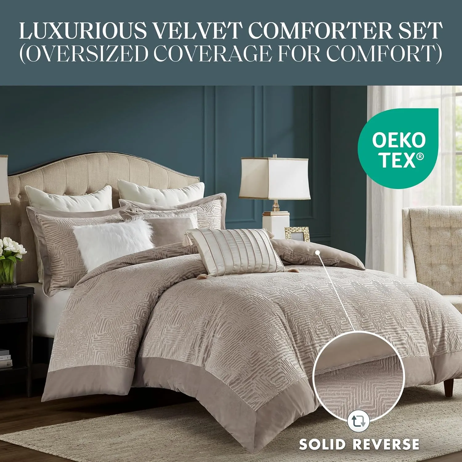 Madison Park King Comforter Plush Velvet Geometric Oversized Comforters King Size Bed, All Season Down Alternative Overfilled King Size Comforter, Pescal, King/Cal King, Natural 9 Piece