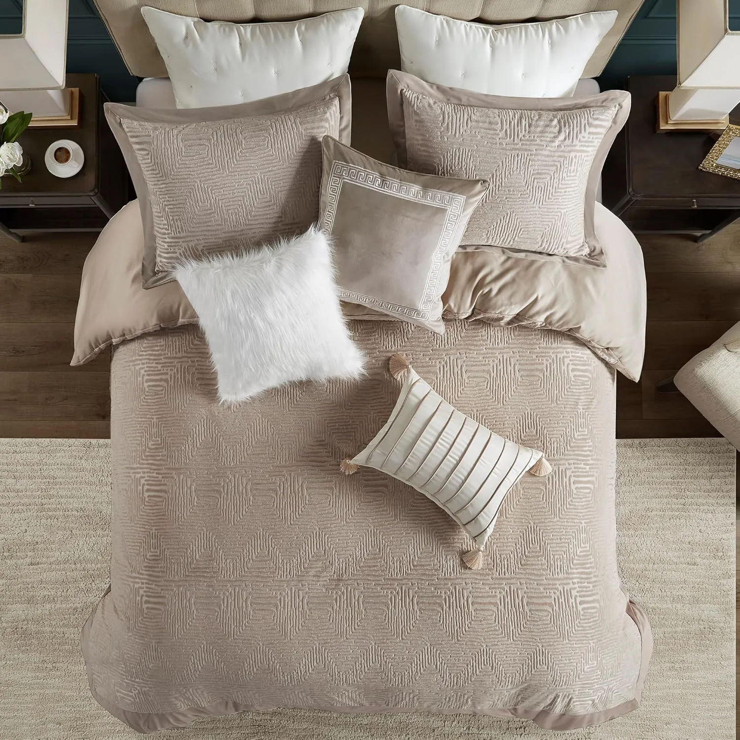 Madison Park King Comforter Plush Velvet Geometric Oversized Comforters King Size Bed, All Season Down Alternative Overfilled King Size Comforter, Pescal, King/Cal King, Natural 9 Piece