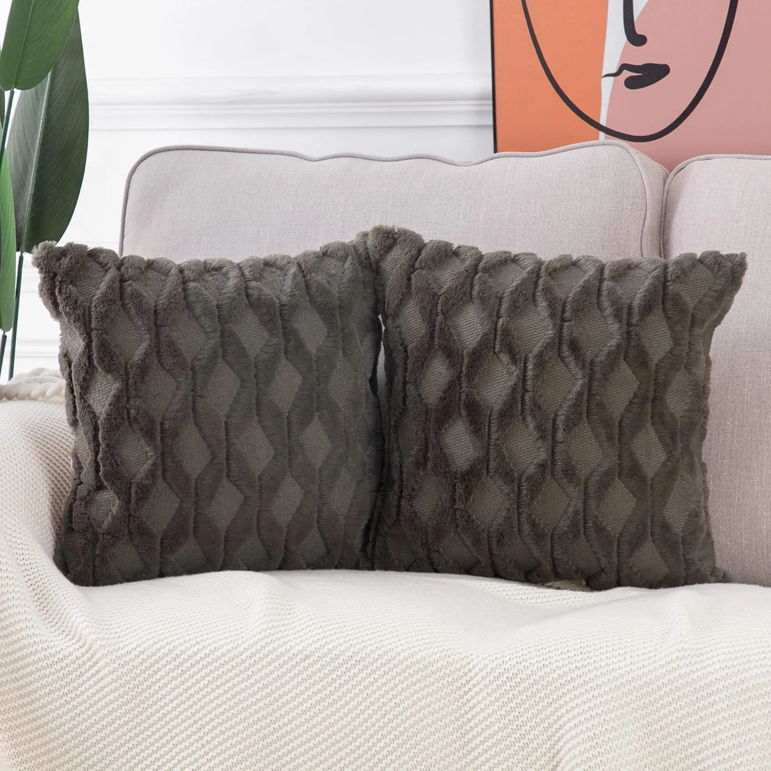 MADIZZ Set of 2 Soft Plush Short Wool Velvet Decorative Throw Pillow Covers 20x20 inch Dark Taupe Square Luxury Style Cushion Cases Pillow Shell for Sofa Bedroom