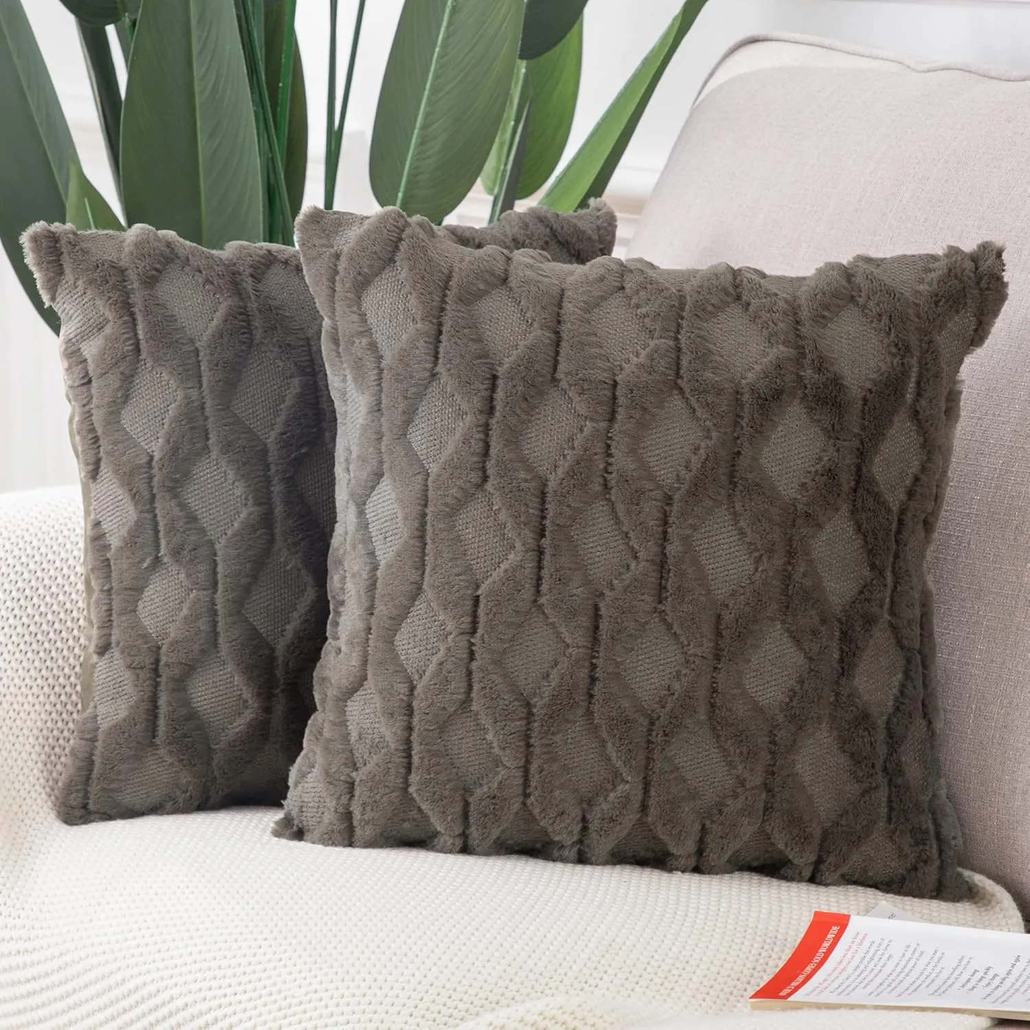 MADIZZ Set of 2 Soft Plush Short Wool Velvet Decorative Throw Pillow Covers 20x20 inch Dark Taupe Square Luxury Style Cushion Cases Pillow Shell for Sofa Bedroom