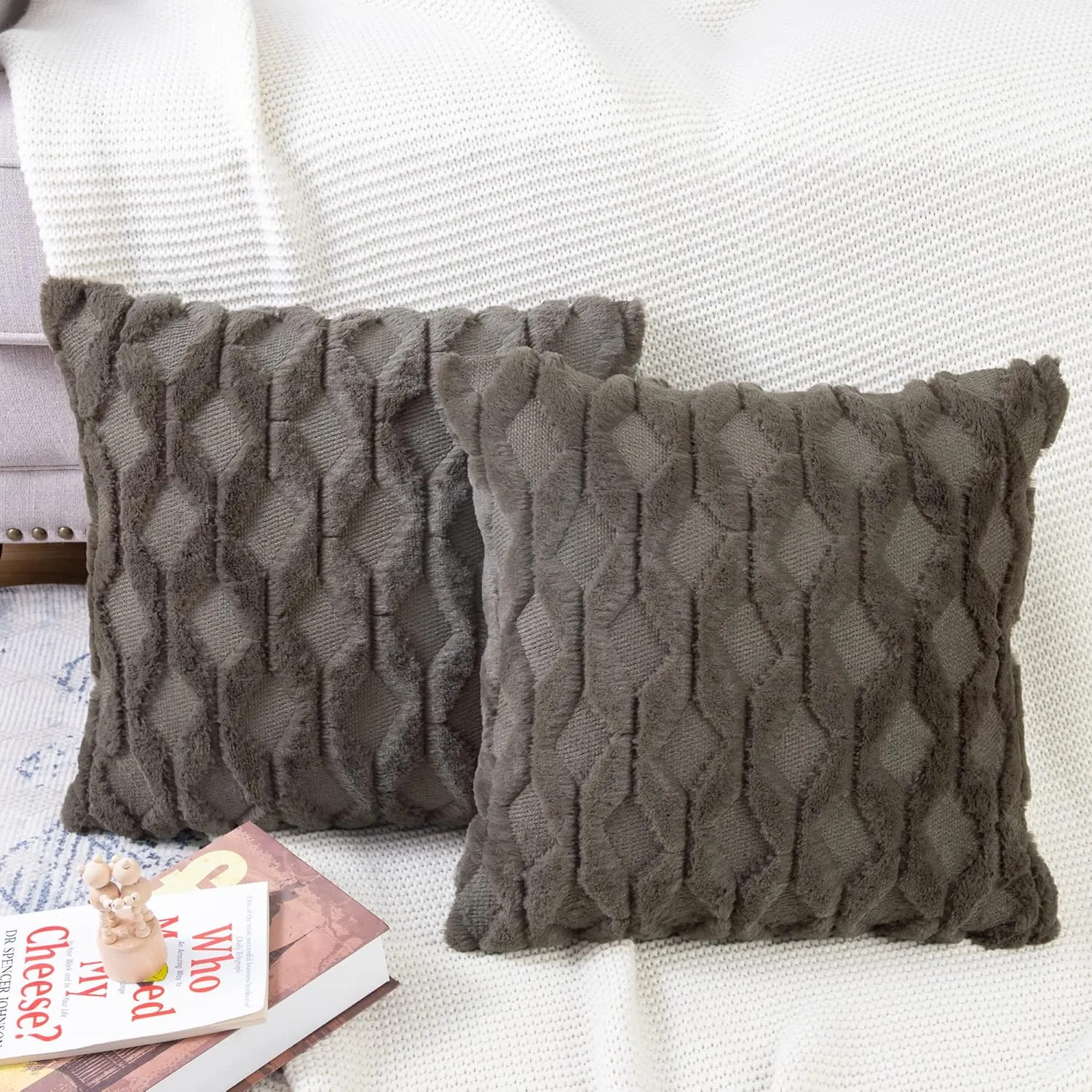 MADIZZ Set of 2 Soft Plush Short Wool Velvet Decorative Throw Pillow Covers 20x20 inch Dark Taupe Square Luxury Style Cushion Cases Pillow Shell for Sofa Bedroom