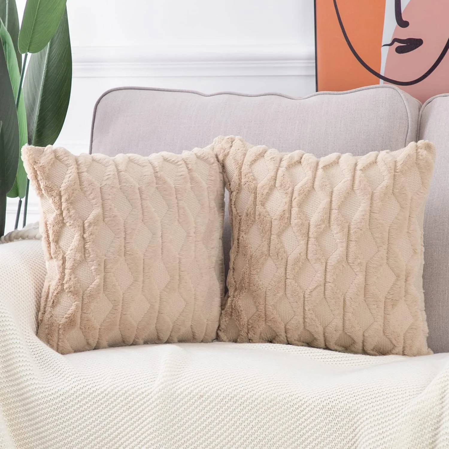 MADIZZ Set of 2 Soft Plush Short Wool Velvet Decorative Throw Pillow Covers 20x20 inch Khaki Square Luxury Style Cushion Cases Pillow Shell for Sofa Bedroom