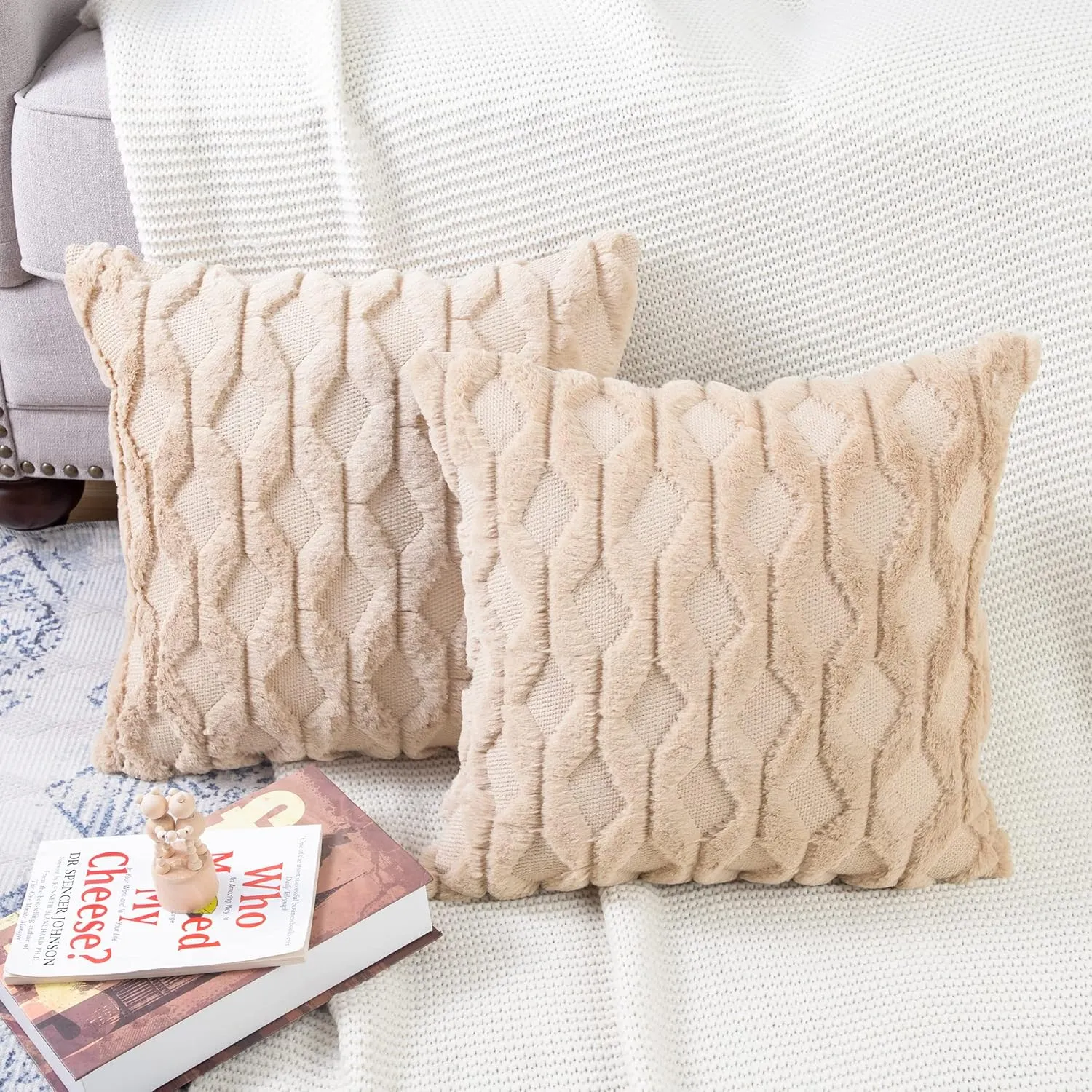MADIZZ Set of 2 Soft Plush Short Wool Velvet Decorative Throw Pillow Covers 20x20 inch Khaki Square Luxury Style Cushion Cases Pillow Shell for Sofa Bedroom