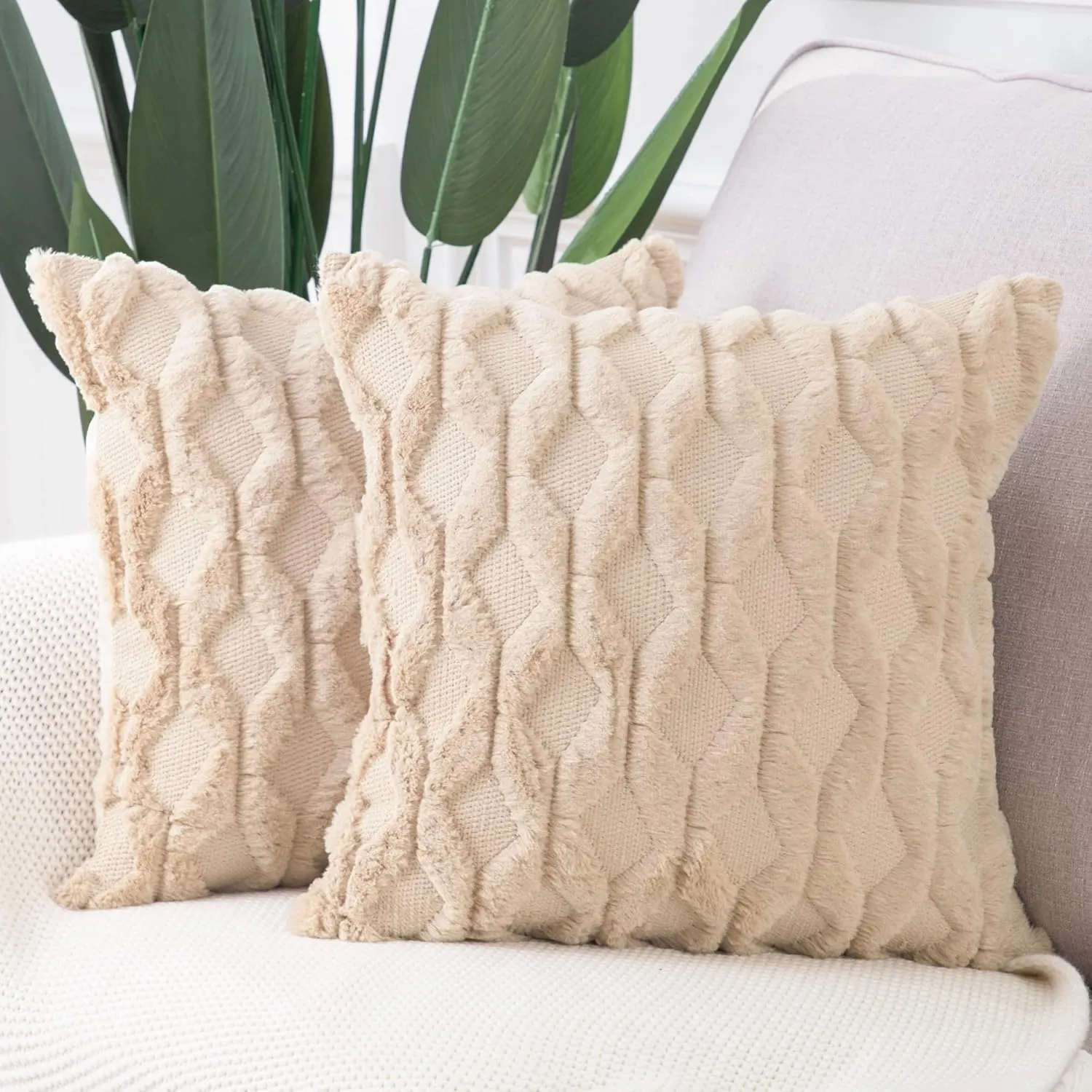 MADIZZ Set of 2 Soft Plush Short Wool Velvet Decorative Throw Pillow Covers 20x20 inch Khaki Square Luxury Style Cushion Cases Pillow Shell for Sofa Bedroom