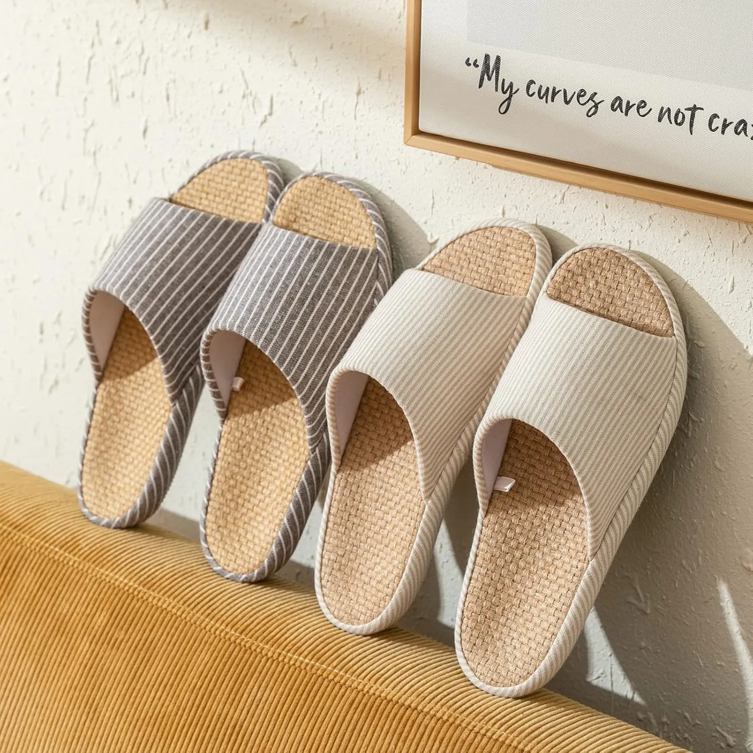 MAGILONA Womens House Slippers Summer Open Toe Tatami Straw Men's Indoor Shoes,Bedroom Linen Lightweight Slip Silent Slippers