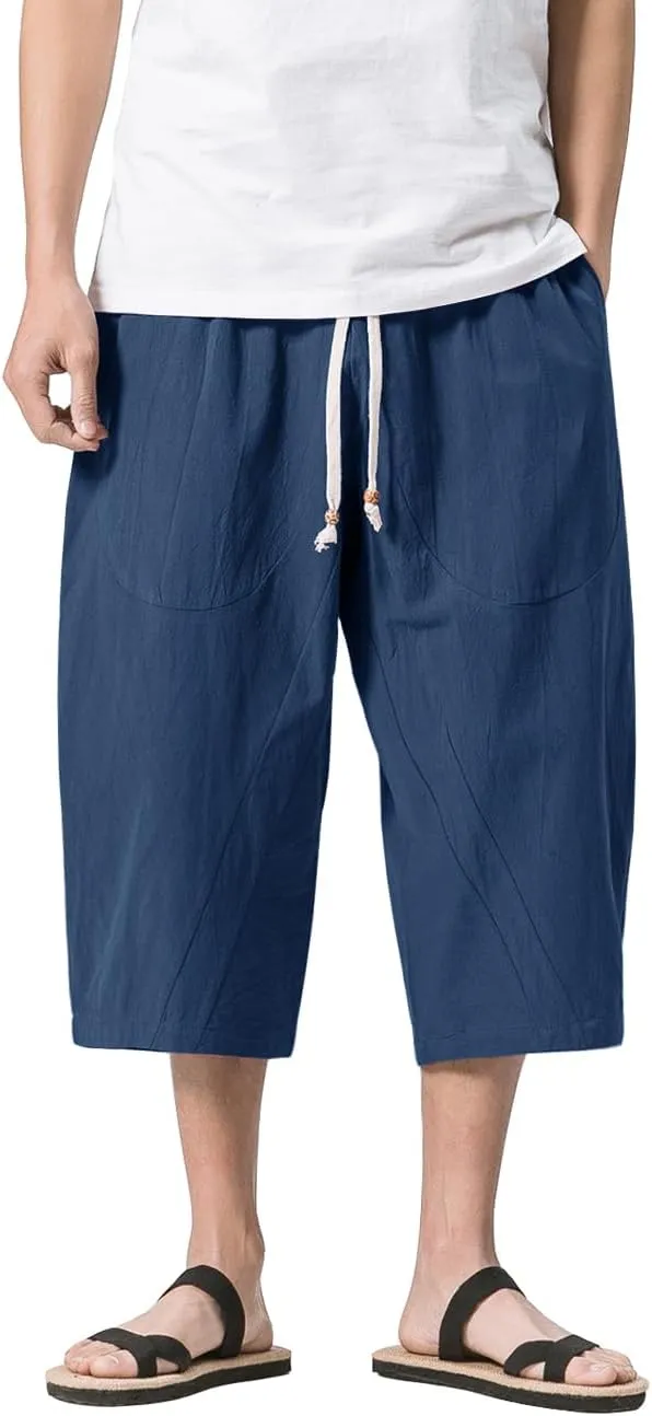 MAGNIVIT Men's Linen Cotton Capri Pants Loose Fit Elastic Waist Wide Leg Baggy Harem Pants
