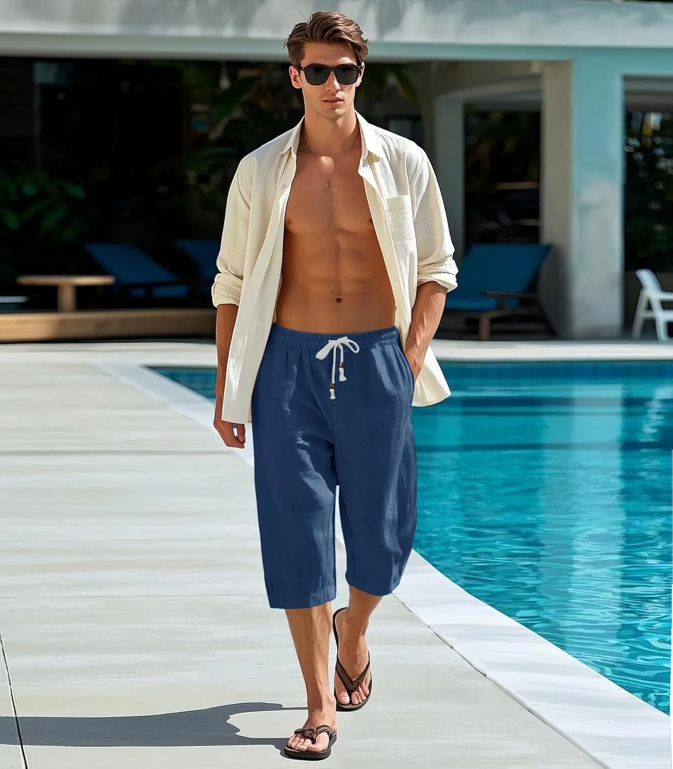 MAGNIVIT Men's Linen Cotton Capri Pants Loose Fit Elastic Waist Wide Leg Baggy Harem Pants