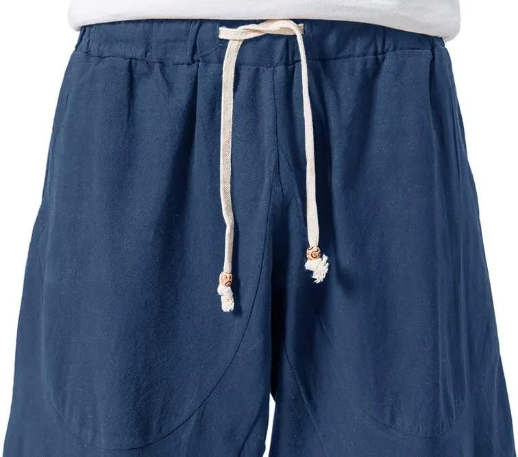 MAGNIVIT Men's Linen Cotton Capri Pants Loose Fit Elastic Waist Wide Leg Baggy Harem Pants