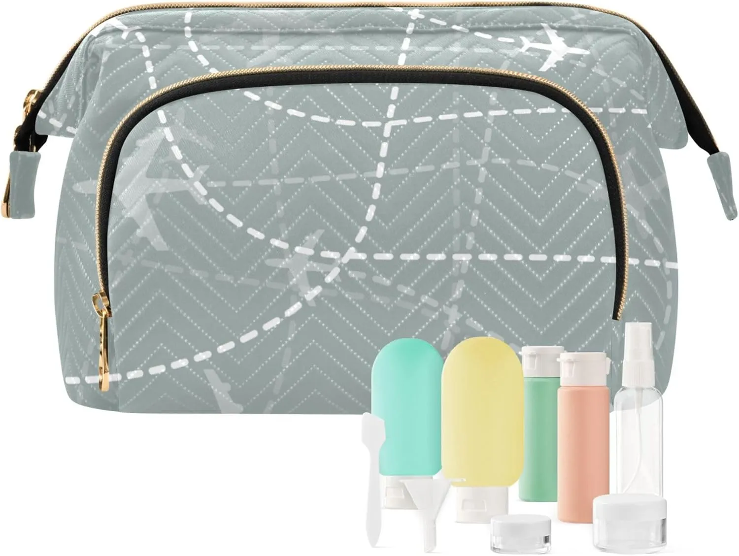 Makeup Bag Cosmetic Bag, Airplanes Traces Scheme Large Capacity Travel Pouch Makeup Case Organizer for Women Toiletry Bag with Zipper for Ladies Girls