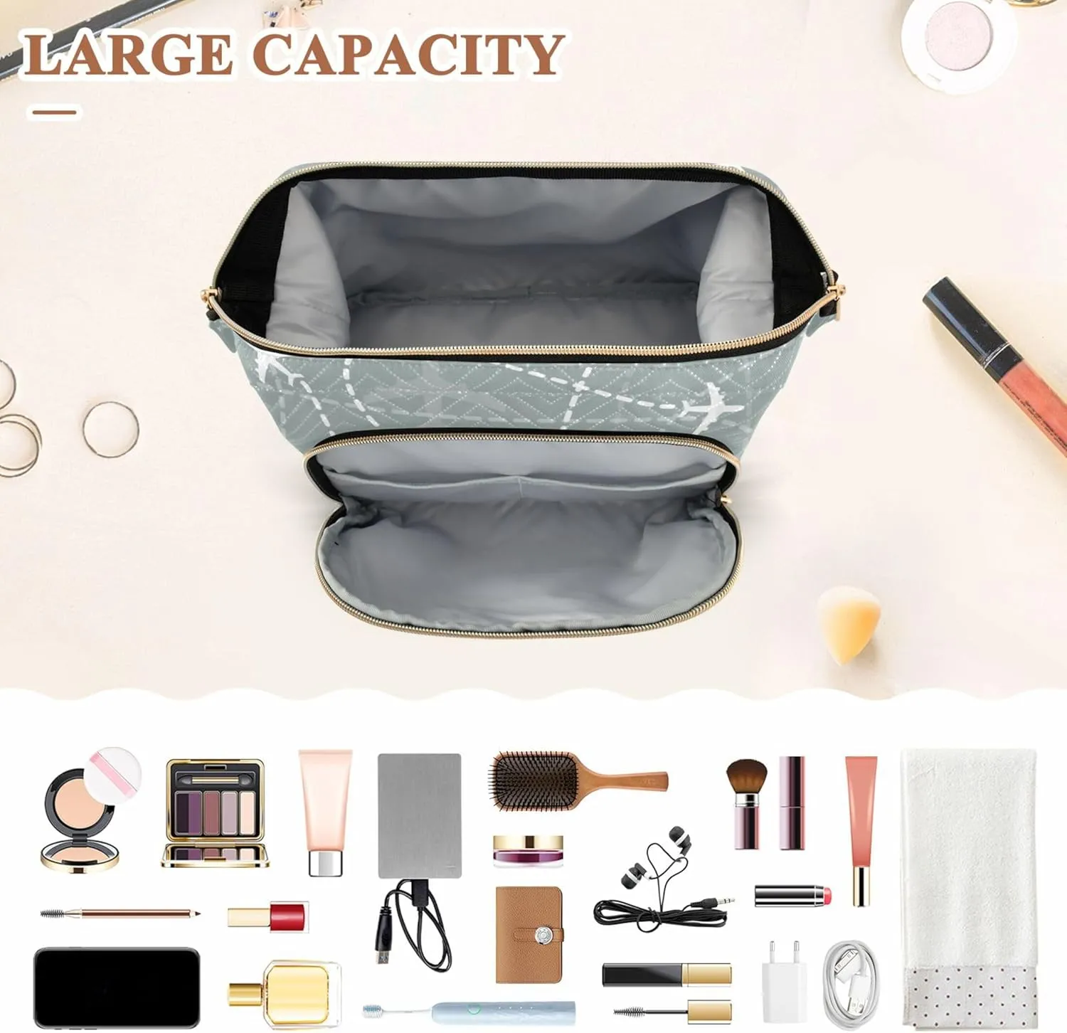 Makeup Bag Cosmetic Bag, Airplanes Traces Scheme Large Capacity Travel Pouch Makeup Case Organizer for Women Toiletry Bag with Zipper for Ladies Girls