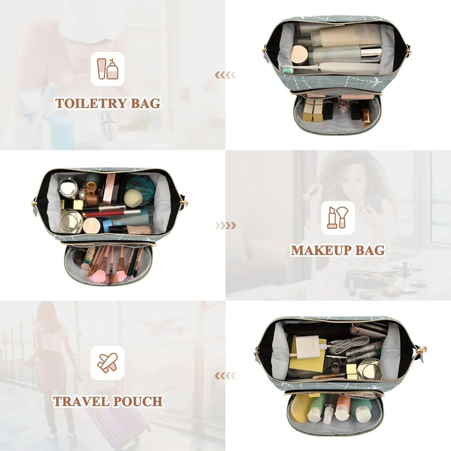 Makeup Bag Cosmetic Bag, Airplanes Traces Scheme Large Capacity Travel Pouch Makeup Case Organizer for Women Toiletry Bag with Zipper for Ladies Girls
