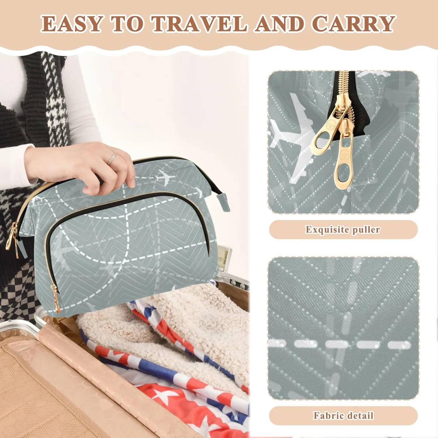 Makeup Bag Cosmetic Bag, Airplanes Traces Scheme Large Capacity Travel Pouch Makeup Case Organizer for Women Toiletry Bag with Zipper for Ladies Girls