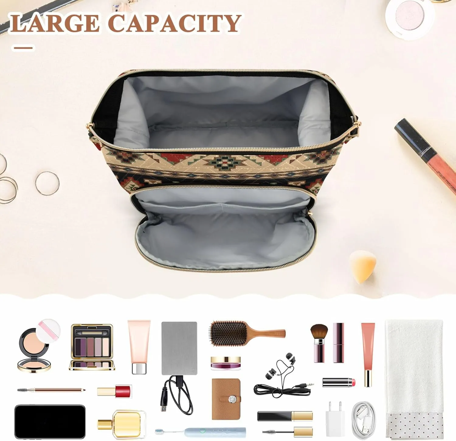Makeup Bag Cosmetic Bag, Western Theme Large Capacity Travel Pouch Makeup Case Organizer for Women Toiletry Bag with Zipper for Ladies Girls