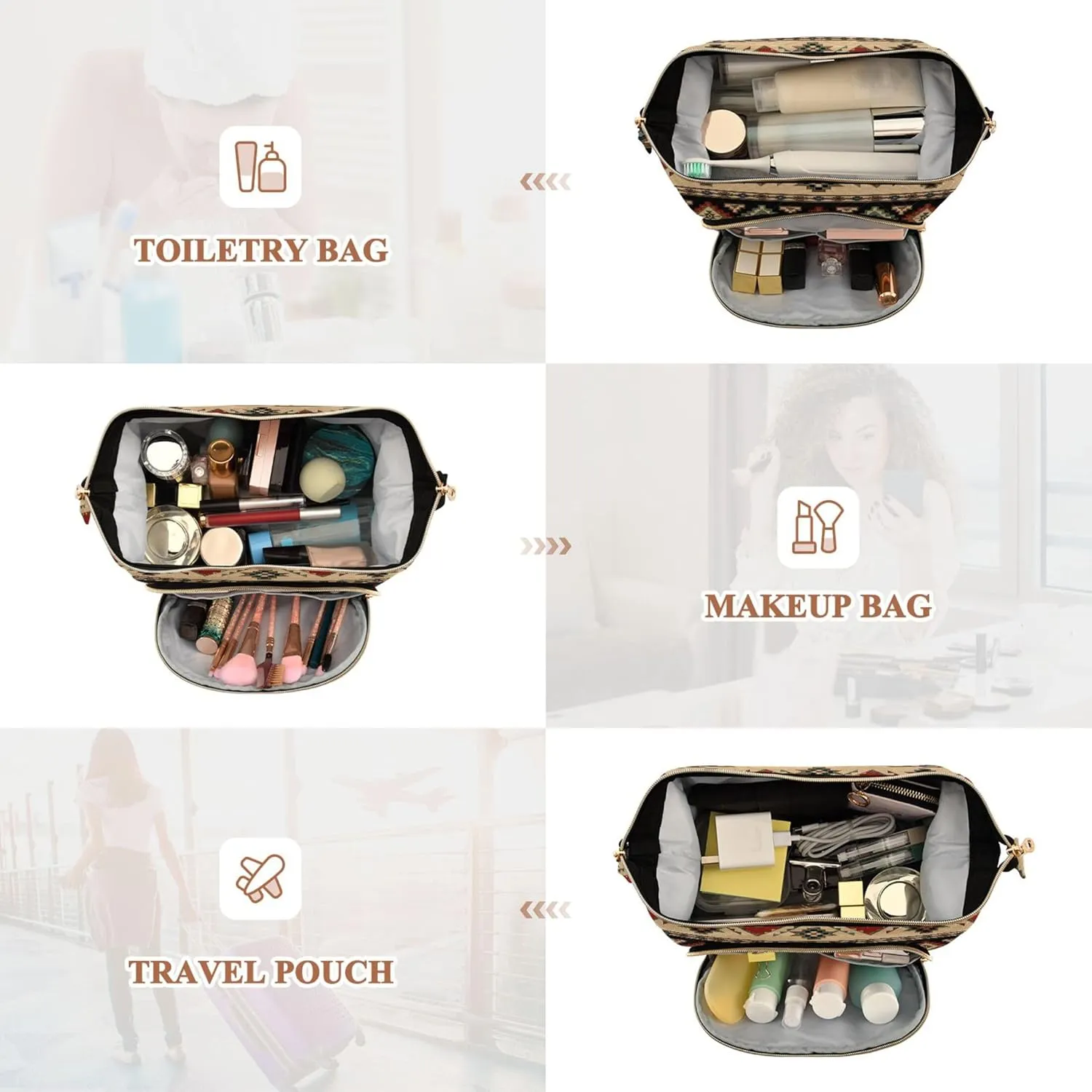 Makeup Bag Cosmetic Bag, Western Theme Large Capacity Travel Pouch Makeup Case Organizer for Women Toiletry Bag with Zipper for Ladies Girls