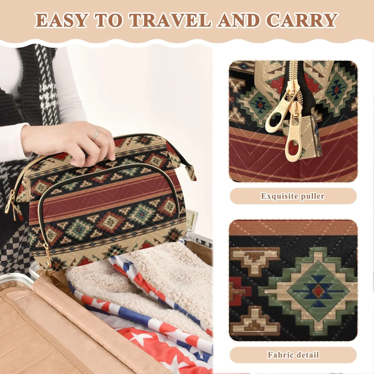 Makeup Bag Cosmetic Bag, Western Theme Large Capacity Travel Pouch Makeup Case Organizer for Women Toiletry Bag with Zipper for Ladies Girls