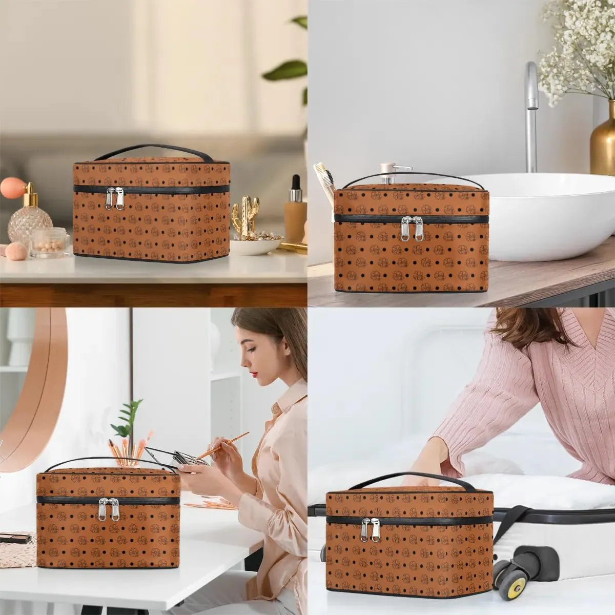 Makeup Travel Bag Organizer Toiletry Bag for Women Portable Cosmetic Storage Case with Handle, Large Capacity Lightweight Toiletries Brush Zipper Bag - Bee Cosmos