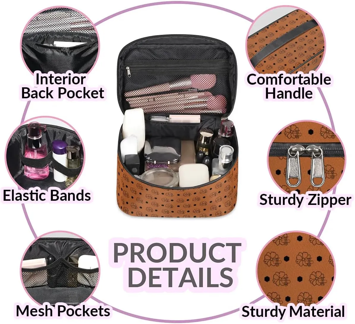 Makeup Travel Bag Organizer Toiletry Bag for Women Portable Cosmetic Storage Case with Handle, Large Capacity Lightweight Toiletries Brush Zipper Bag - Bee Cosmos
