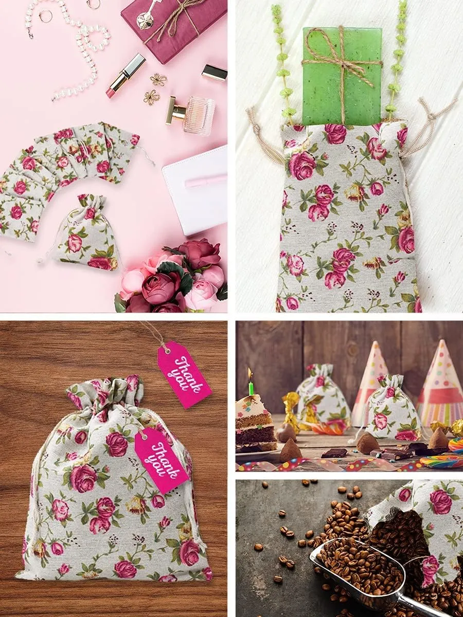 Mandala Crafts Rose Burlap Drawstring Bags - Floral Gift Bags – Flower Linen Burlap Bags with Drawstring Small Pouches for Wedding Party Favor Jewelry 50 Bags 4X6 Inches