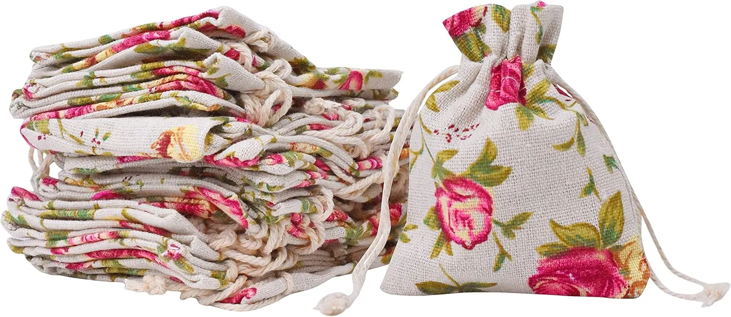 Mandala Crafts Rose Burlap Drawstring Bags - Floral Gift Bags – Flower Linen Burlap Bags with Drawstring Small Pouches for Wedding Party Favor Jewelry 50 Bags 4X6 Inches