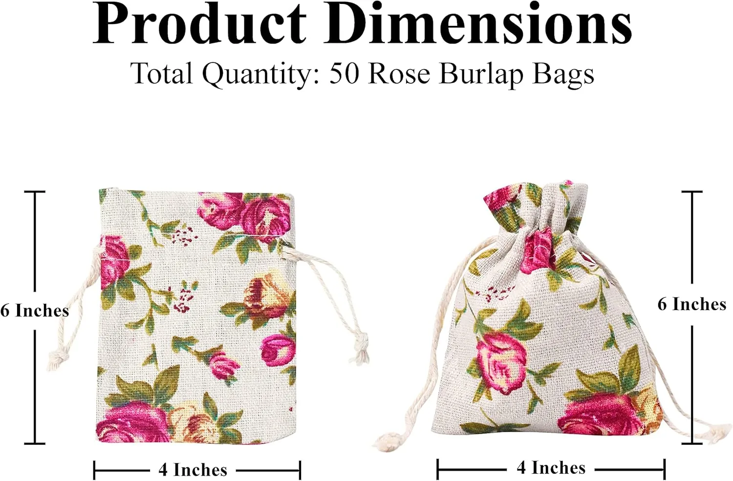Mandala Crafts Rose Burlap Drawstring Bags - Floral Gift Bags – Flower Linen Burlap Bags with Drawstring Small Pouches for Wedding Party Favor Jewelry 50 Bags 4X6 Inches