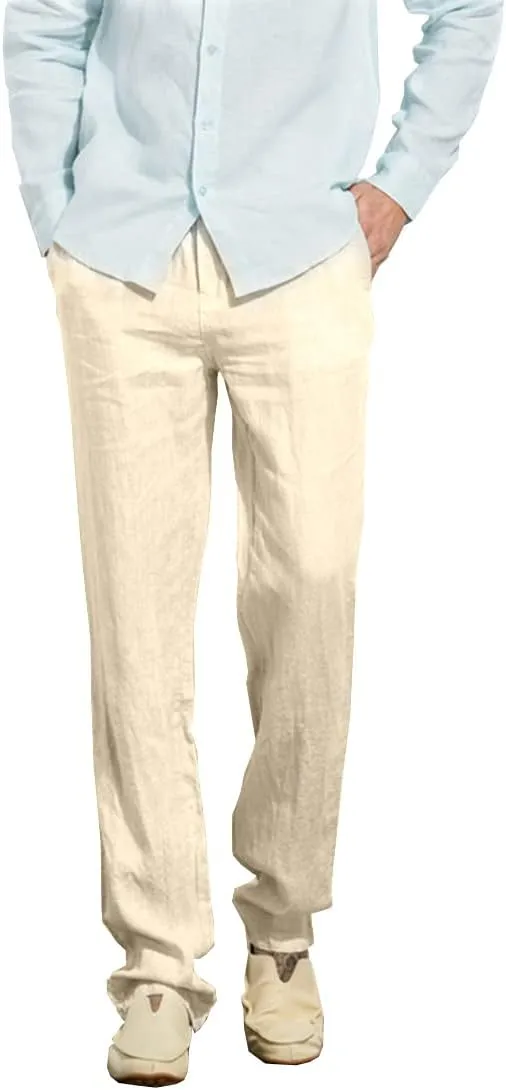 Manwan walk Men’s Casual Beach Trousers Elastic Loose Fit Lightweight Linen Summer Pants K70