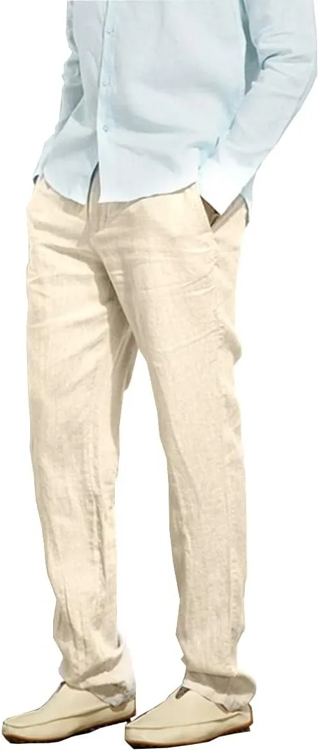 Manwan walk Men’s Casual Beach Trousers Elastic Loose Fit Lightweight Linen Summer Pants K70