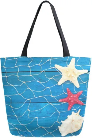 Marine Network Shells Canvas Tote Bag Summer Blue Boards Wooden Women Shoulder Bag Reusable Grocery Bags Large Handbag Travel Shopping Bag for School Nursing Gift Outdoors