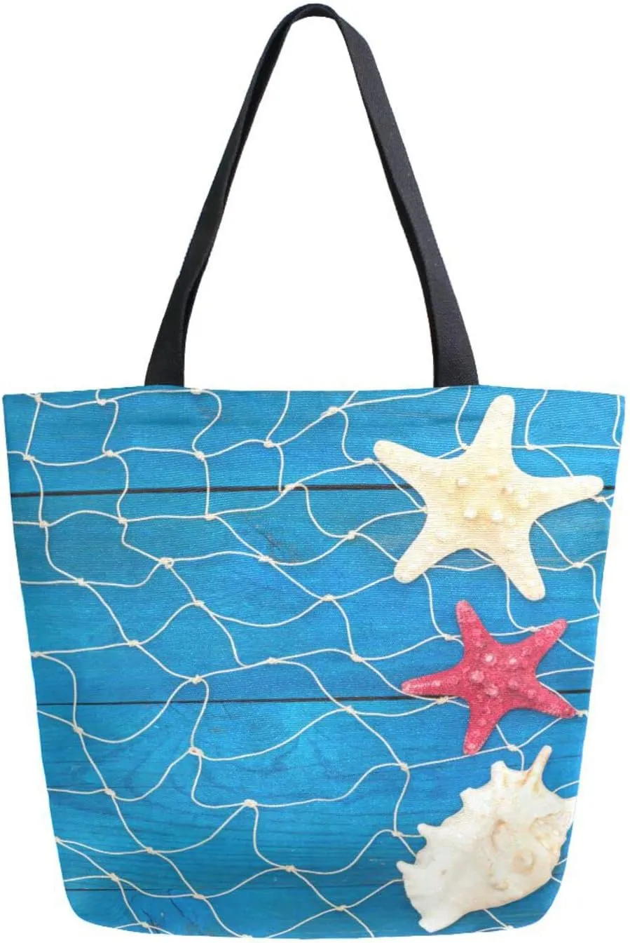 Marine Network Shells Canvas Tote Bag Summer Blue Boards Wooden Women Shoulder Bag Reusable Grocery Bags Large Handbag Travel Shopping Bag for School Nursing Gift Outdoors