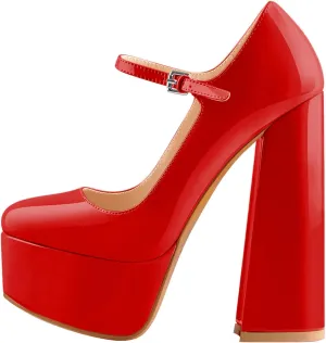 Mary Jane Platform Chunky High Heels Ankle Strap Close Toe Pumps