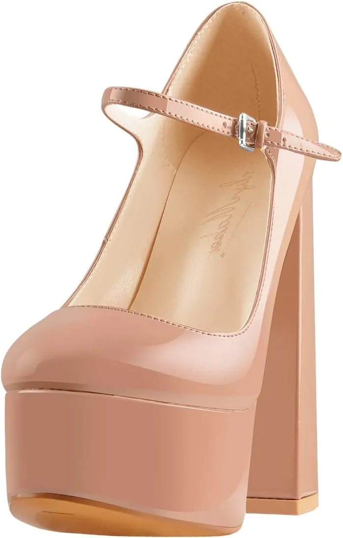 Mary Jane Platform Chunky High Heels Ankle Strap Close Toe Pumps