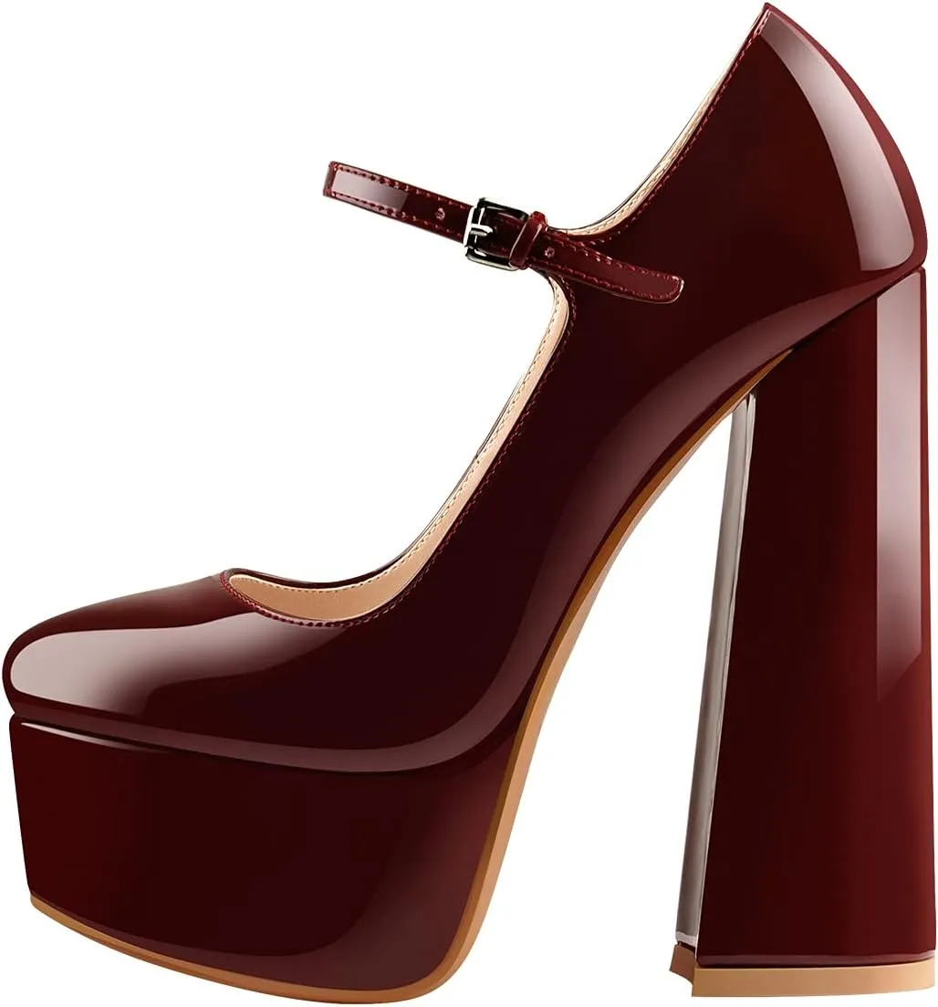 Mary Jane Platform Chunky High Heels Ankle Strap Close Toe Pumps