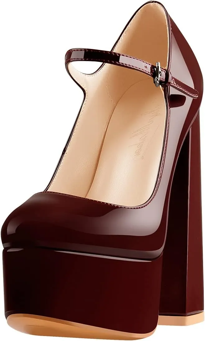 Mary Jane Platform Chunky High Heels Ankle Strap Close Toe Pumps