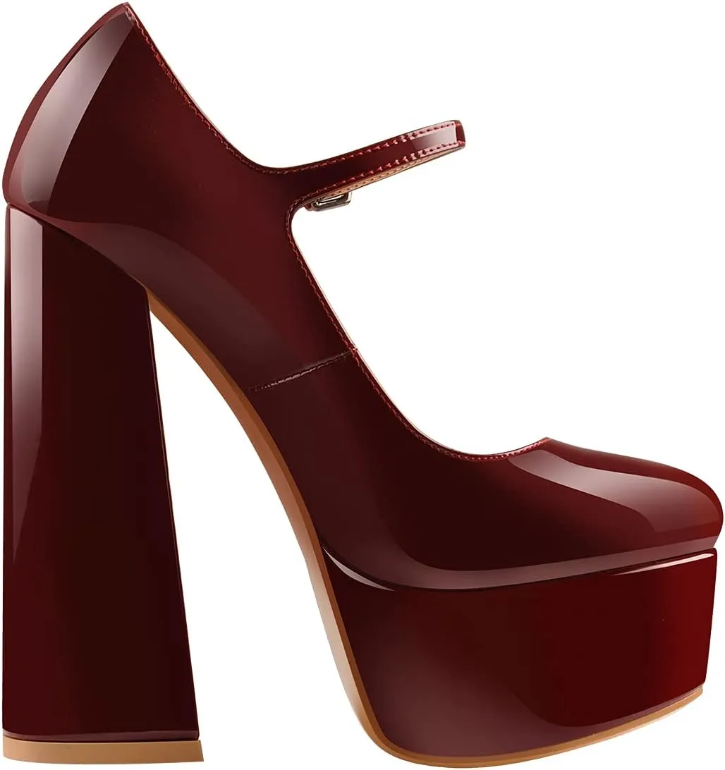 Mary Jane Platform Chunky High Heels Ankle Strap Close Toe Pumps