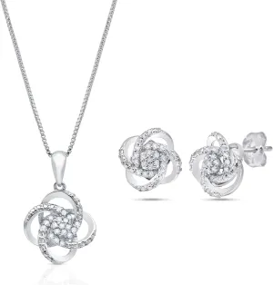 MAX   STONE 1/4 Carat Natural Diamond Love Knot Stud Earrings and Pendant Necklace for Women | 925 Sterling Silver Diamond Jewelry Sets | Hypoallergenic Diamonds Necklace and Earrings