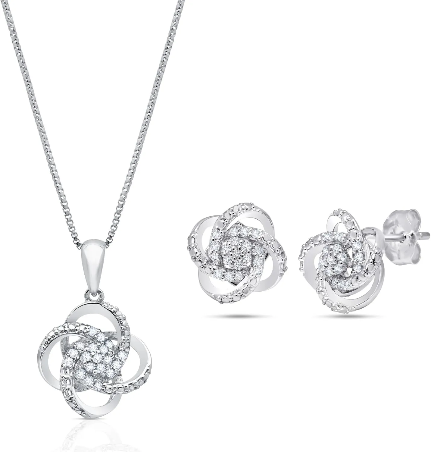 MAX   STONE 1/4 Carat Natural Diamond Love Knot Stud Earrings and Pendant Necklace for Women | 925 Sterling Silver Diamond Jewelry Sets | Hypoallergenic Diamonds Necklace and Earrings