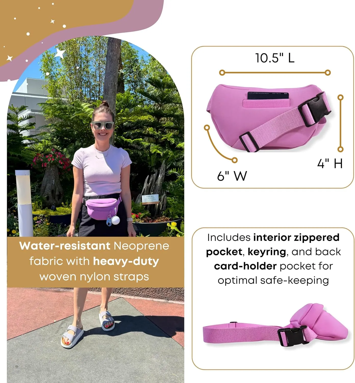 Maxie & Nova Neoprene Fanny Pack with Adjustable Waist, Theme Park Bag (1 piece, Pink)