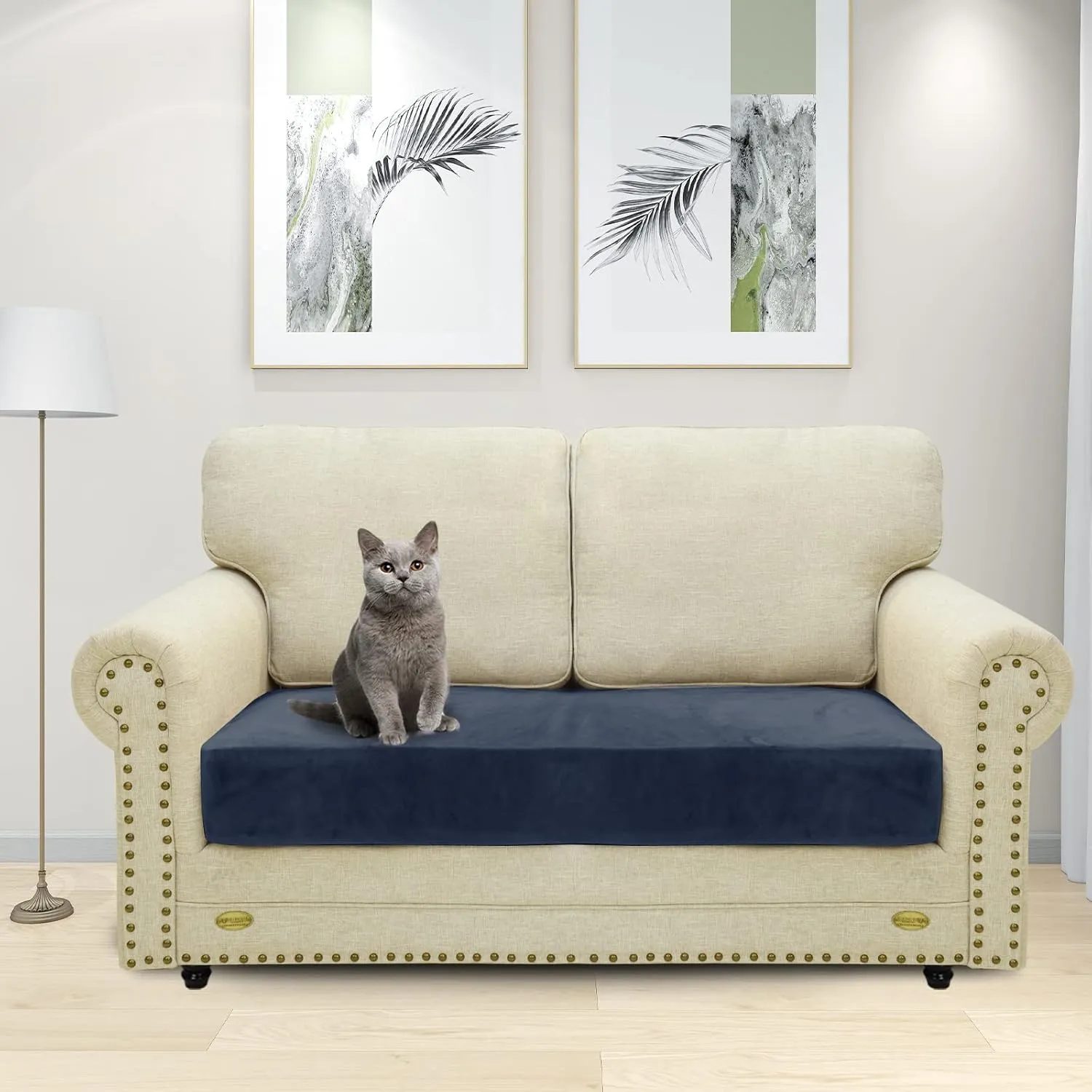 MAXIJIN Velvet Stretch Couch Cushion Covers Soft Loveseat Cushion Cover Replacement Sofa Seat Cushion Slipcovers RV Protector with Elastic Bottom (1 Piece Loveseat Cushion Cover, Navy Blue)