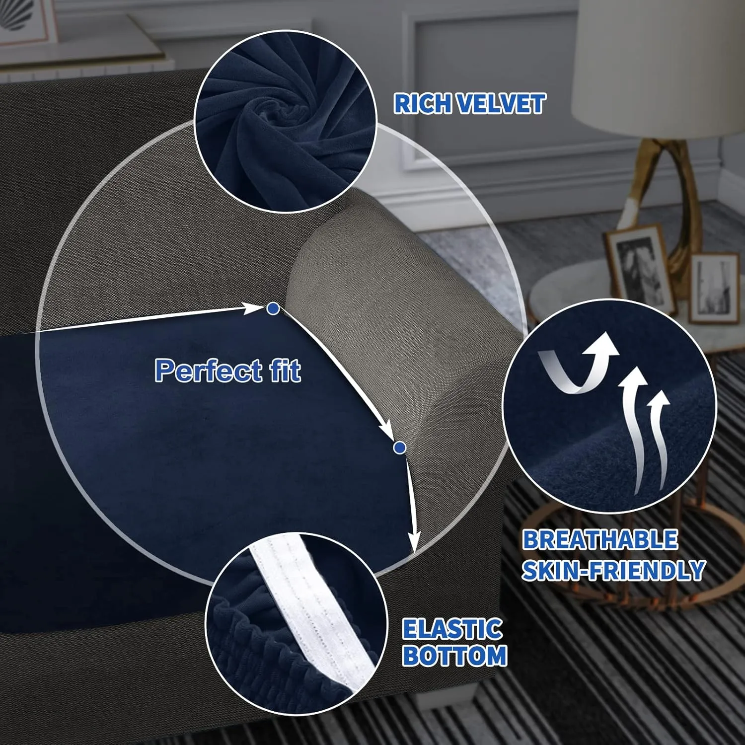 MAXIJIN Velvet Stretch Couch Cushion Covers Soft Loveseat Cushion Cover Replacement Sofa Seat Cushion Slipcovers RV Protector with Elastic Bottom (1 Piece Loveseat Cushion Cover, Navy Blue)