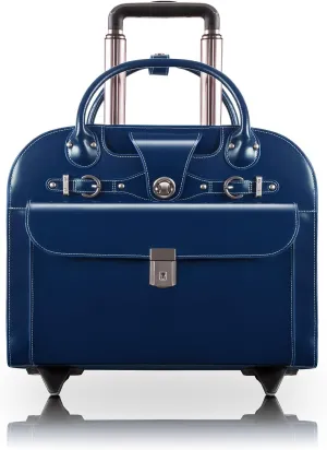 McKlein 15" Leather Wheeled Ladies' Laptop Briefcase- EDGEBROOK- Navy