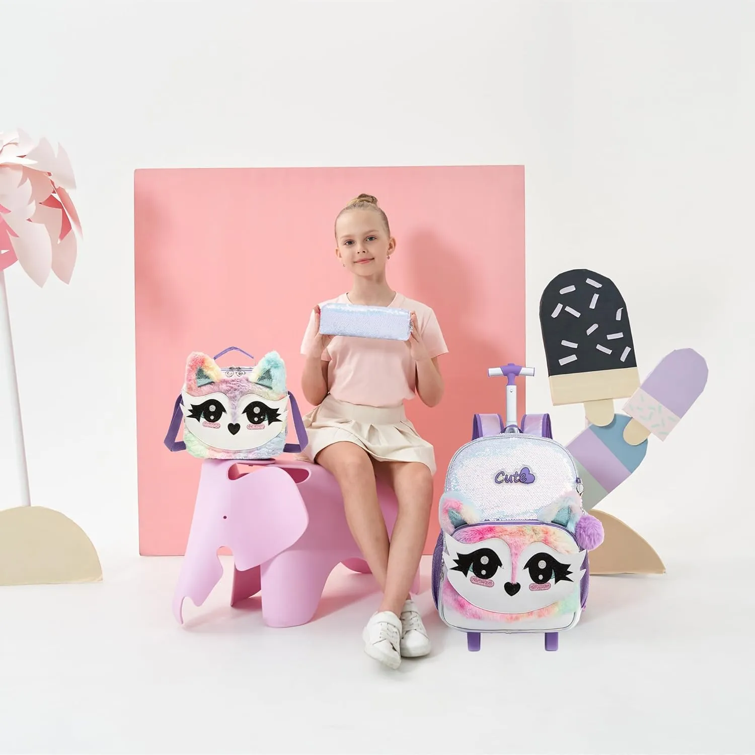 Meetbelify Rolling Backpack for Girls Backpacks with Wheels for Elementary School Students Kids 3 in 1 Travel Luggage Suitcase with Lunch Box Pencil Case for Girls Age 8-10 Cute Panda