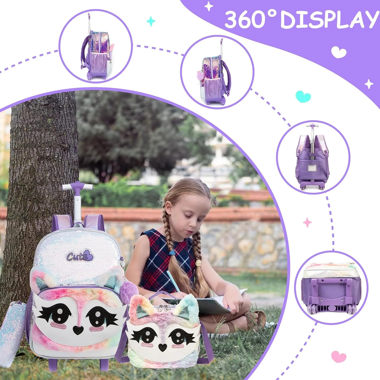 Meetbelify Rolling Backpack for Girls Backpacks with Wheels for Elementary School Students Kids 3 in 1 Travel Luggage Suitcase with Lunch Box Pencil Case for Girls Age 8-10 Cute Panda