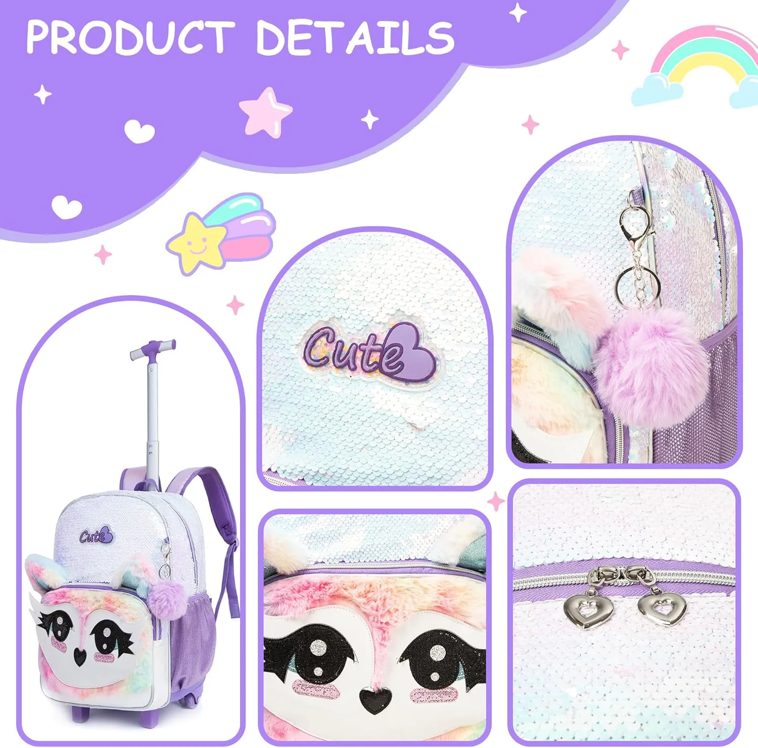 Meetbelify Rolling Backpack for Girls Backpacks with Wheels for Elementary School Students Kids 3 in 1 Travel Luggage Suitcase with Lunch Box Pencil Case for Girls Age 8-10 Cute Panda